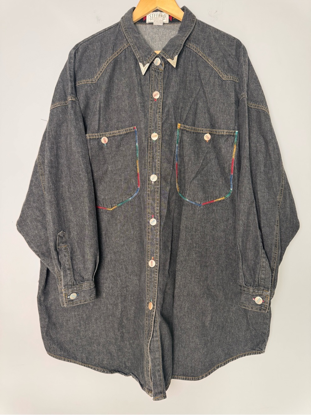 Stefano Vintage Western Denim Button Up Shirt Rainbow Stitch Oversized Ranchwear